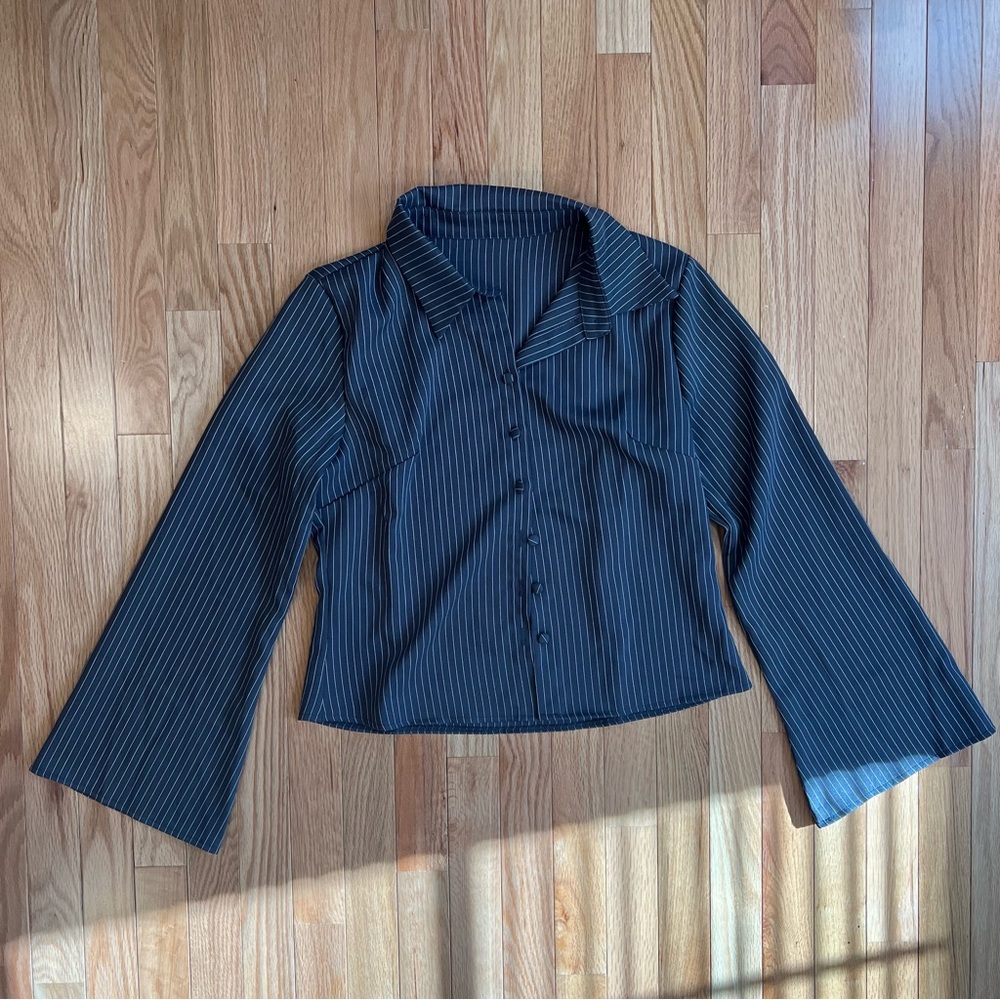 Pinstriped Dark Gray/Black Button-Up Blouse Size Large Flared Sleeves
